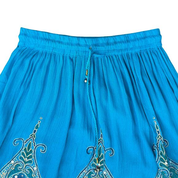 Blue Yellow Boho Bohemian Embroidered Tie Elastic Waist Knee Length Skirt size M - Picture 4 of 7